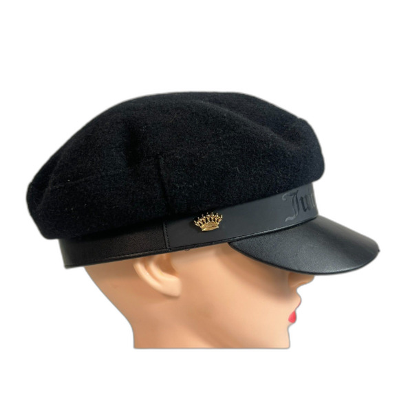 Juicy Couture Newsboy Black Cap Hat Crown Charm Cabbie One Size Wool - Picture 2 of 6